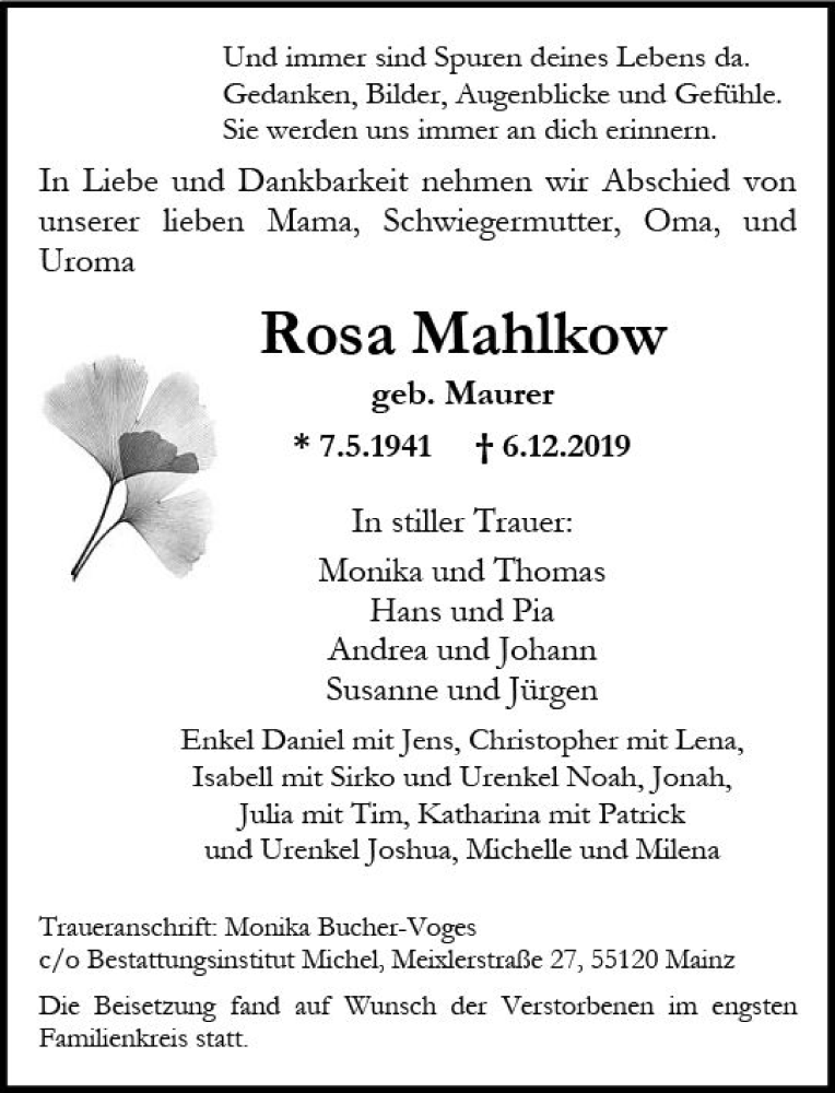  Traueranzeige für Rosa Mahlkow vom 21.12.2019 aus vrm-trauer
