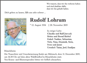 Traueranzeige von Rudolf Lohrum von vrm-trauer