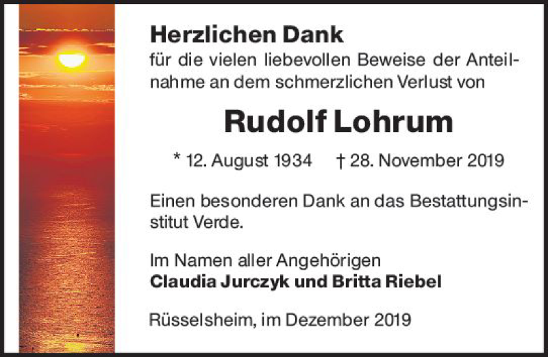  Traueranzeige für Rudolf Lohrum vom 14.12.2019 aus vrm-trauer