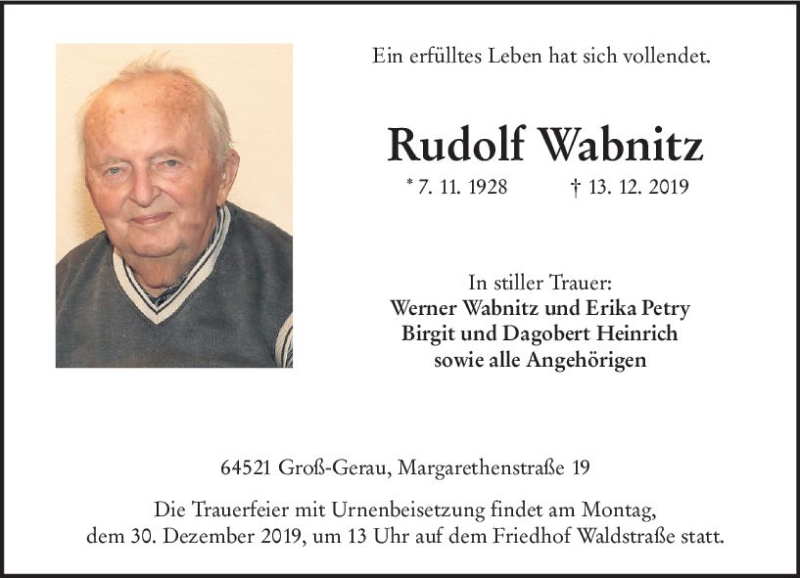  Traueranzeige für Rudolf Wabnitz vom 21.12.2019 aus vrm-trauer