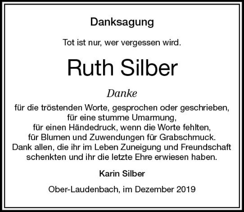  Traueranzeige für Ruth Silber vom 21.12.2019 aus vrm-trauer