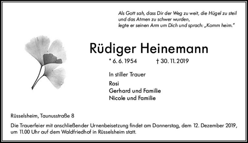 Traueranzeige für Rüdiger Heinemann vom 07.12.2019 aus vrm-trauer