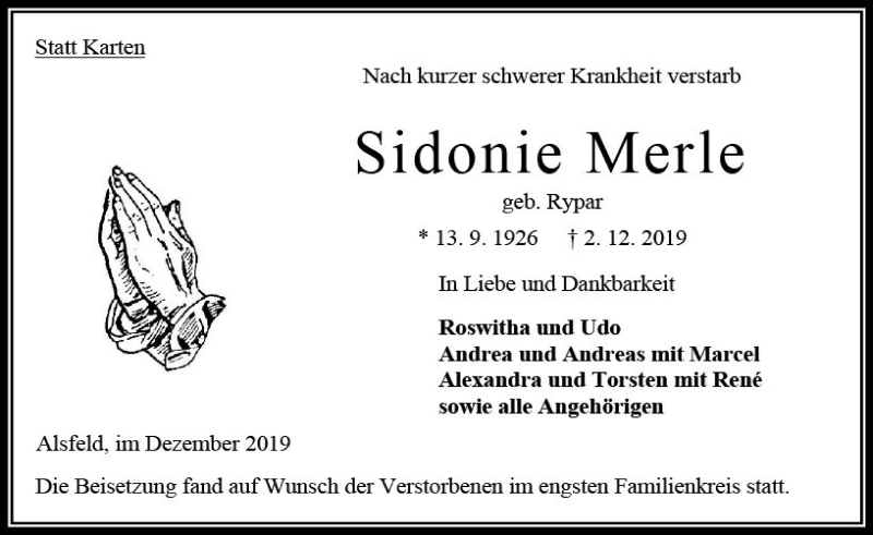  Traueranzeige für Sidonie Merle vom 19.12.2019 aus VRM Trauer