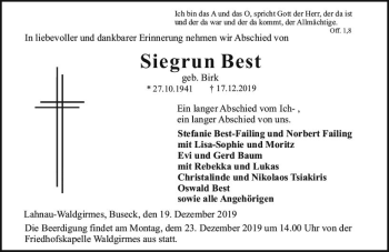 Traueranzeige von Siegrun Best von  Wetzlarer Neue Zeitung