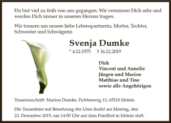 Traueranzeige von Svenja Dumke von vrm-trauer