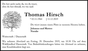 Traueranzeige von Thomas Hirsch von vrm-trauer
