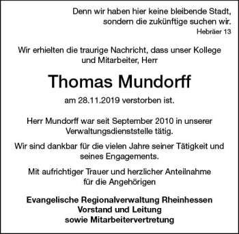 Traueranzeige von Thomas Mundorff von vrm-trauer