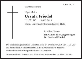 Traueranzeige von Ursula Friedel von vrm-trauer