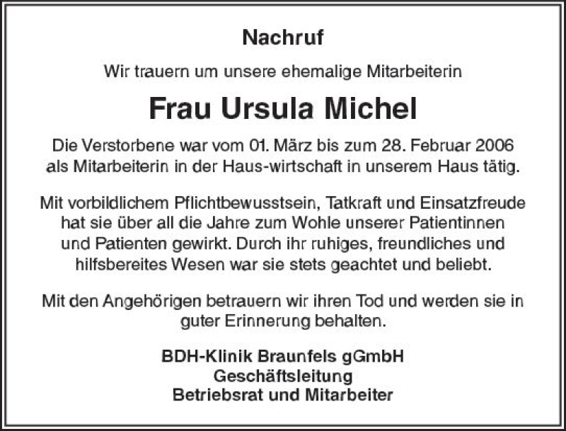  Traueranzeige für Ursula Michel vom 19.12.2019 aus  Wetzlarer Neue Zeitung
