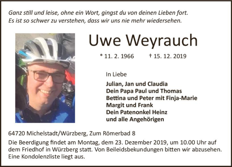  Traueranzeige für Uwe Weyrauch vom 21.12.2019 aus vrm-trauer
