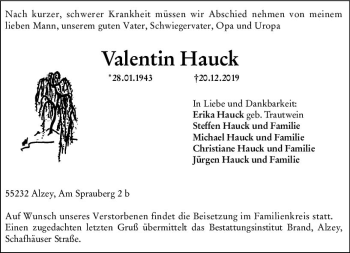 Traueranzeige von Valentin Hauck von vrm-trauer