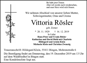 Traueranzeige von Vittoria Rösler von vrm-trauer