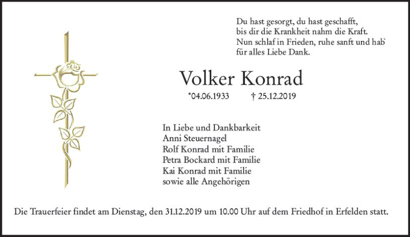  Traueranzeige für Volker Konrad vom 31.12.2019 aus vrm-trauer