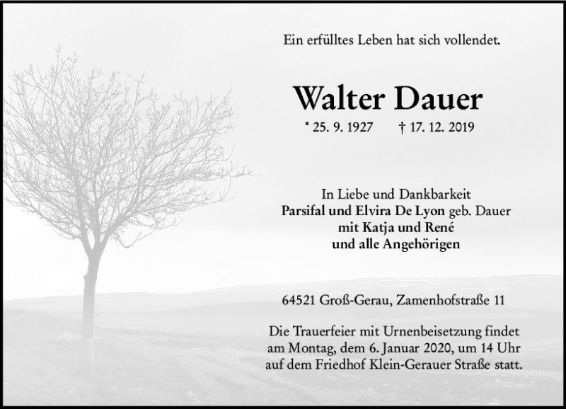  Traueranzeige für Walter Dauer vom 28.12.2019 aus vrm-trauer