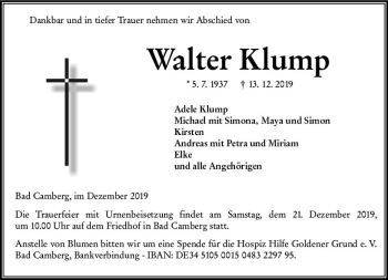 Traueranzeige von Walter Klump von  Camberger Anzeiger