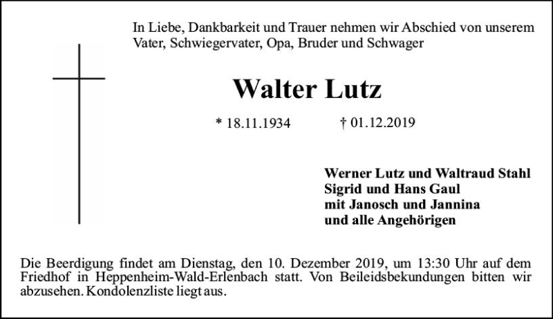  Traueranzeige für Walter Lutz vom 07.12.2019 aus vrm-trauer
