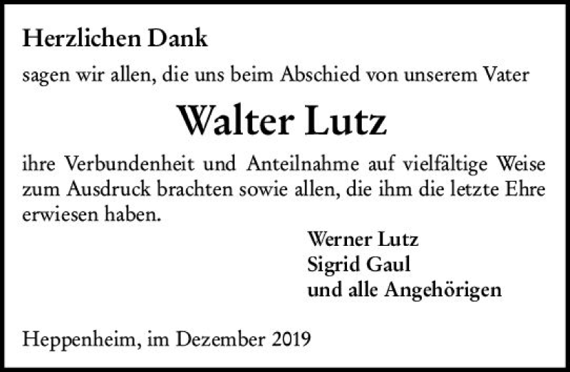  Traueranzeige für Walter Lutz vom 21.12.2019 aus vrm-trauer