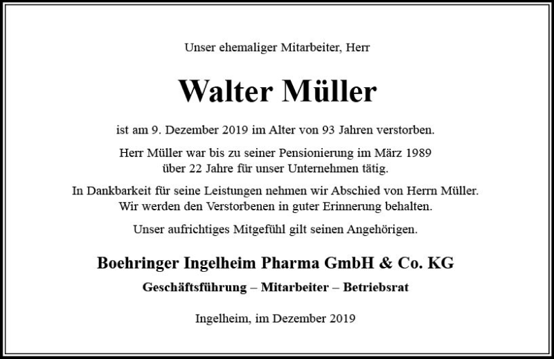  Traueranzeige für Walter Müller vom 16.12.2019 aus vrm-trauer