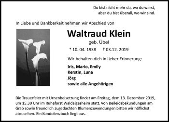 Traueranzeige von Waltraud Klein von vrm-trauer