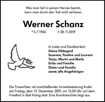 Traueranzeige von Werner Schanz von vrm-trauer
