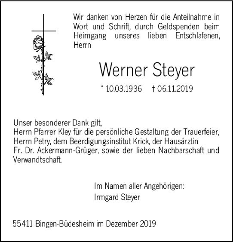  Traueranzeige für Werner Steyer vom 21.12.2019 aus vrm-trauer