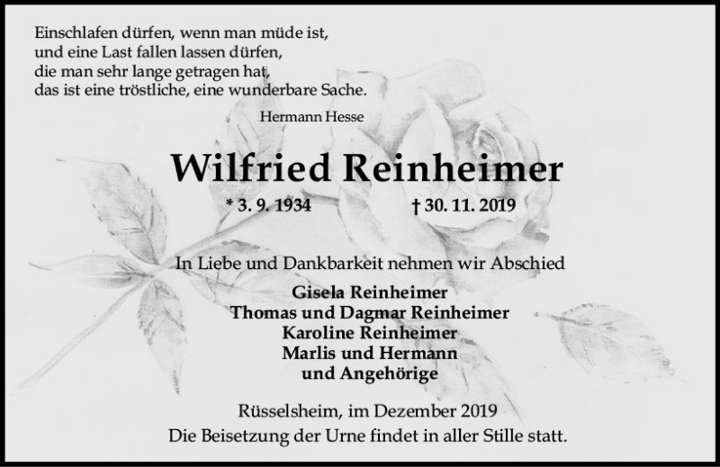  Traueranzeige für Wilfried Reinheimer vom 07.12.2019 aus vrm-trauer