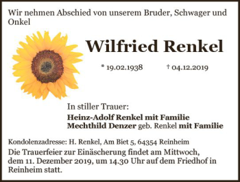 Traueranzeige von Wilfried Renkel von vrm-trauer