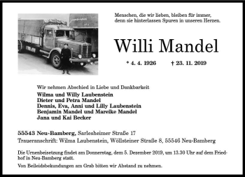 Traueranzeige von Willi Mandel von vrm-trauer