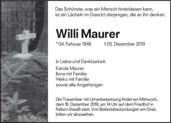 Traueranzeige von Willi Maurer von vrm-trauer