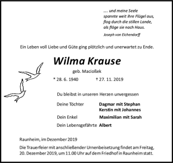 Traueranzeige von Wilma Krause von vrm-trauer