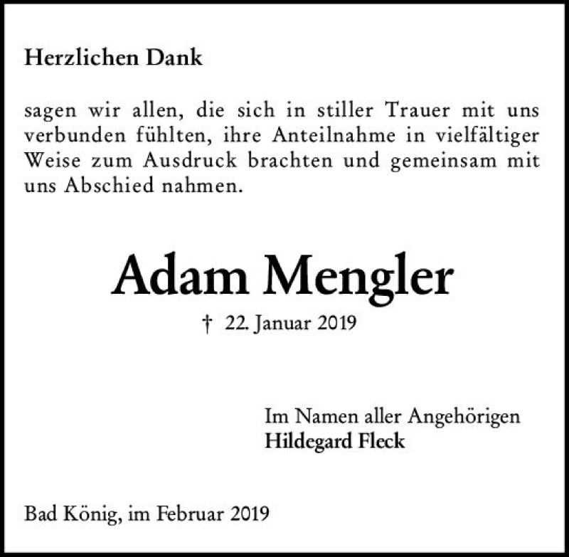  Traueranzeige für Adam Mengler vom 13.02.2019 aus vrm-trauer