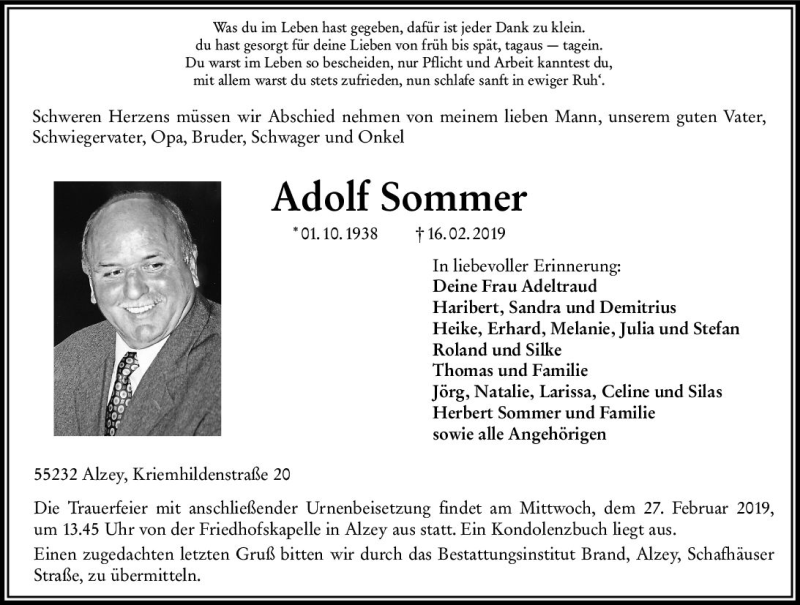 Traueranzeige für Adolf Sommer vom 23.02.2019 aus vrm-trauer