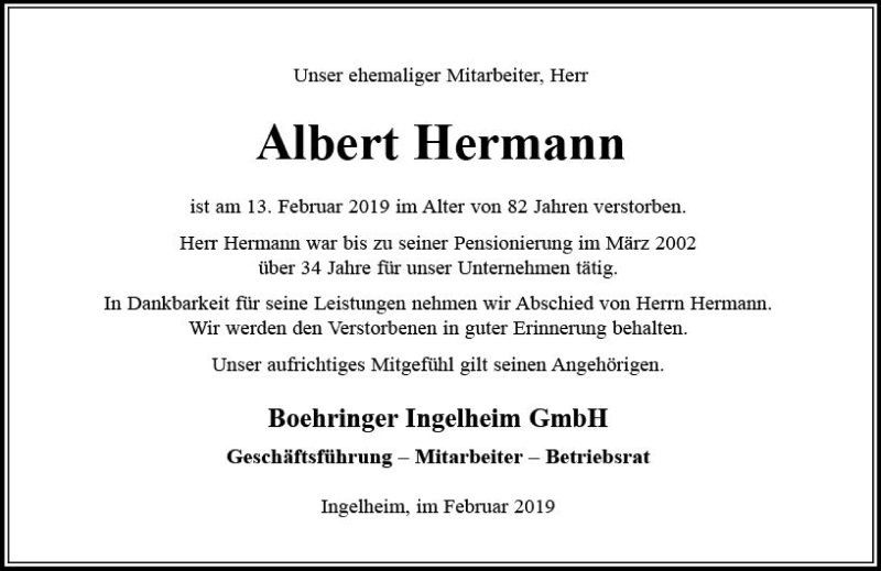  Traueranzeige für Albert Hermann vom 23.02.2019 aus vrm-trauer