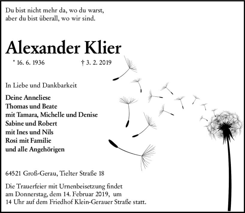  Traueranzeige für Alexander Klier vom 09.02.2019 aus vrm-trauer