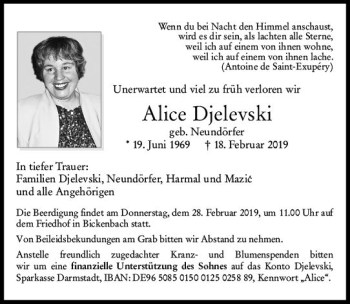Traueranzeige von Alice Djelevski von vrm-trauer