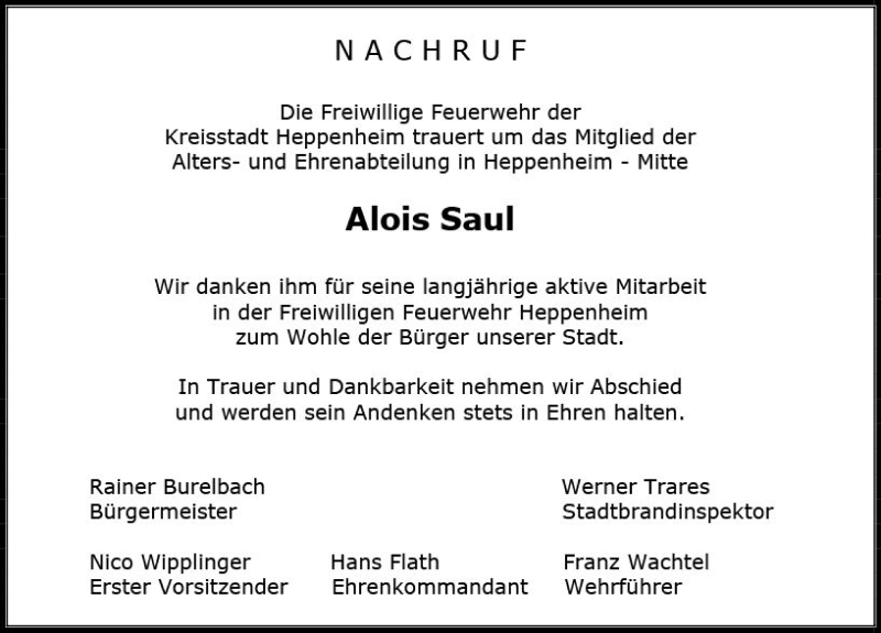  Traueranzeige für Alois Saul vom 15.02.2019 aus vrm-trauer