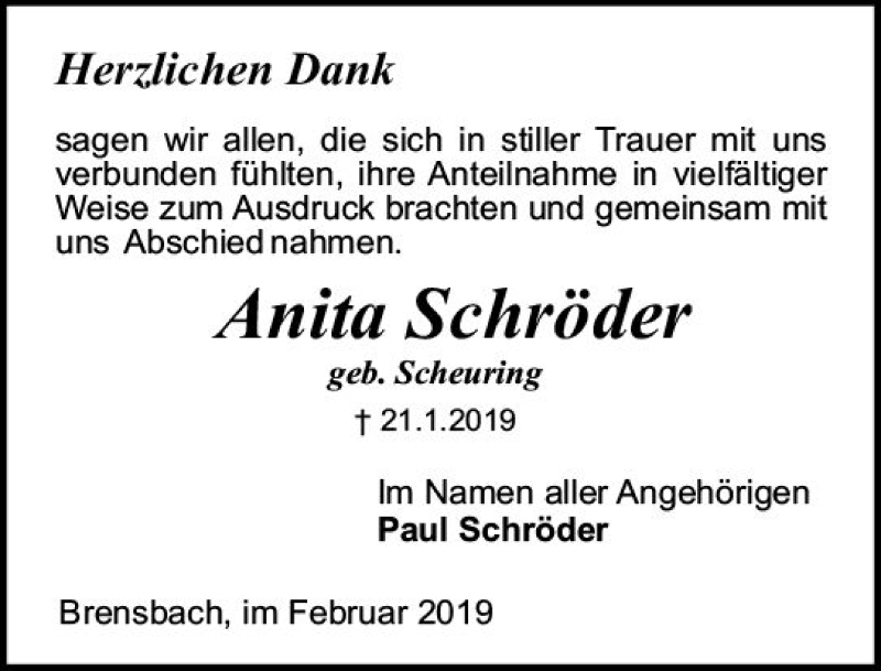  Traueranzeige für Anita Schröder vom 16.02.2019 aus vrm-trauer