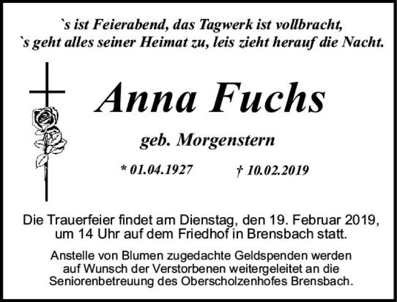  Traueranzeige für Anna Fuchs vom 16.02.2019 aus vrm-trauer