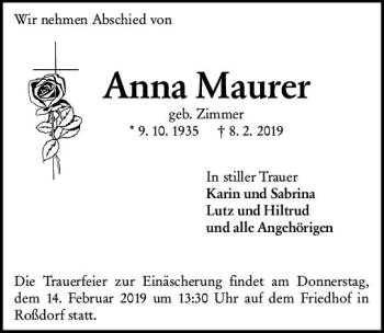 Traueranzeige von Anna Maurer von vrm-trauer