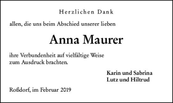 Traueranzeige von Anna Maurer von vrm-trauer