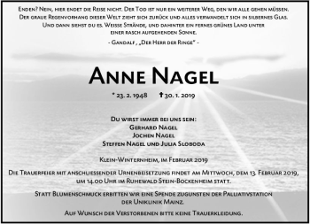 Traueranzeige von Anne Nagel von vrm-trauer