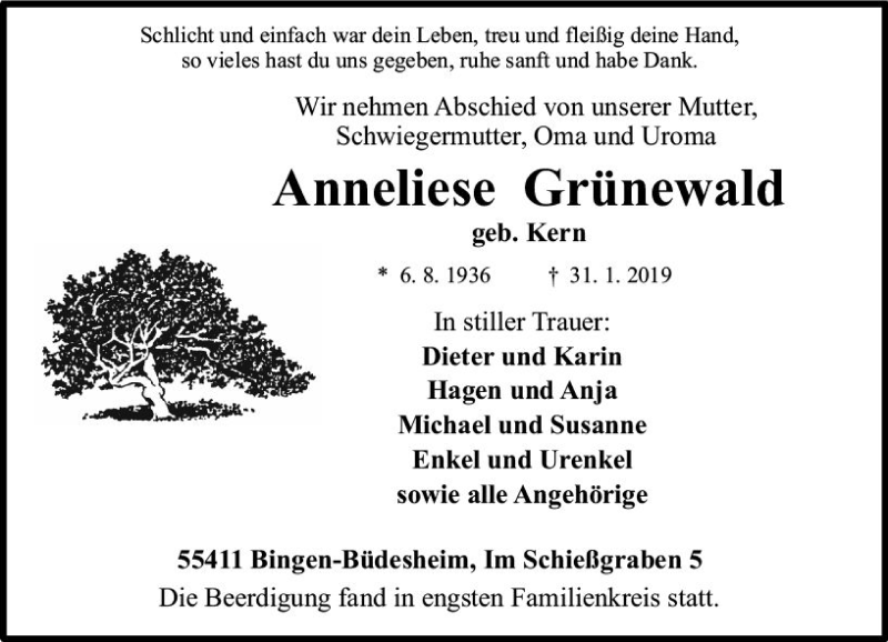 Traueranzeige für Anneliese Grünewald vom 09.02.2019 aus vrm-trauer