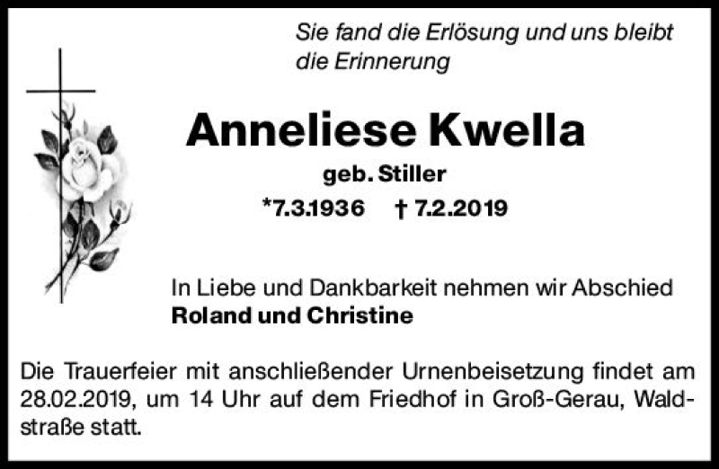  Traueranzeige für Anneliese Kwella vom 26.02.2019 aus vrm-trauer