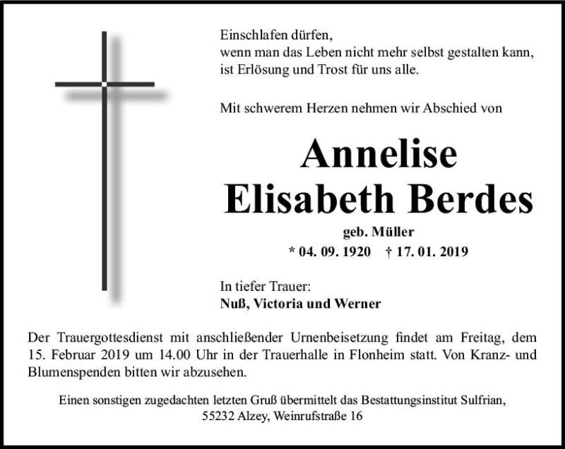  Traueranzeige für Annelise Elisabeth Berdes vom 11.02.2019 aus vrm-trauer