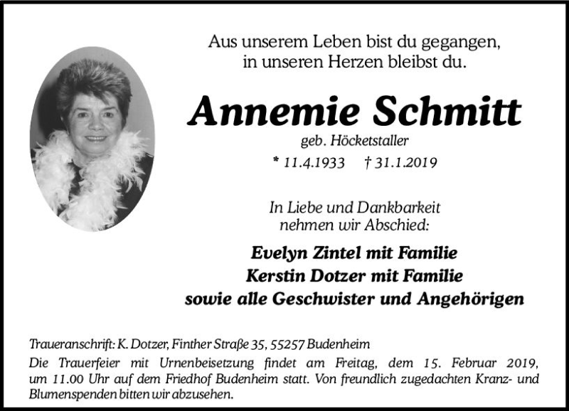  Traueranzeige für Annemie Schmitt vom 09.02.2019 aus vrm-trauer