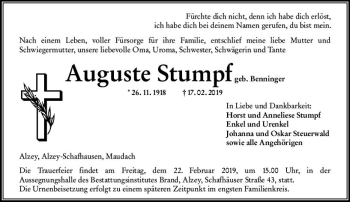 Traueranzeige von Auguste Stumpf von vrm-trauer