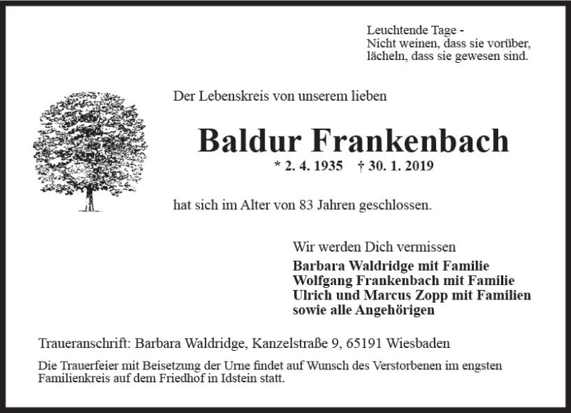  Traueranzeige für Baldur Frankenbach vom 09.02.2019 aus vrm-trauer