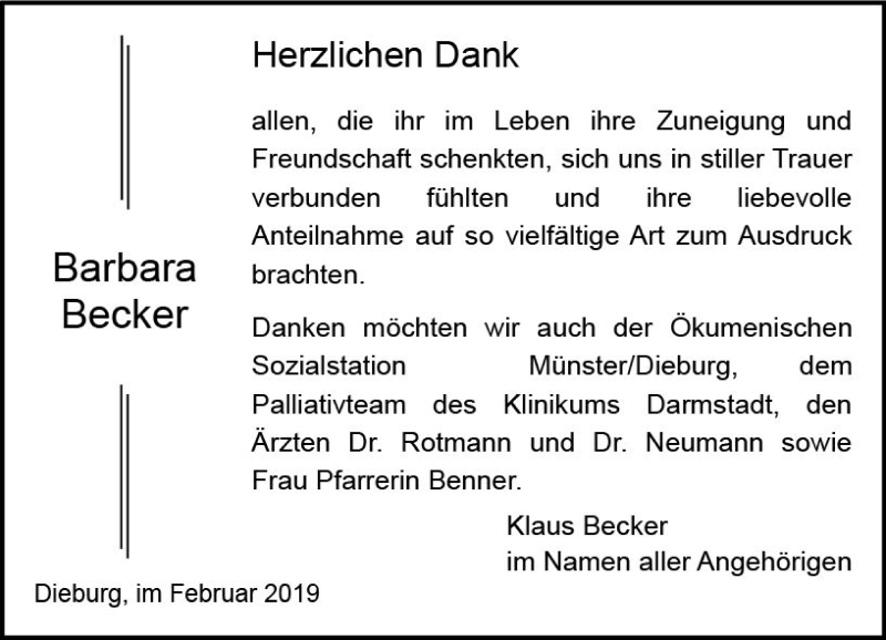  Traueranzeige für Barbara Becker vom 02.02.2019 aus vrm-trauer