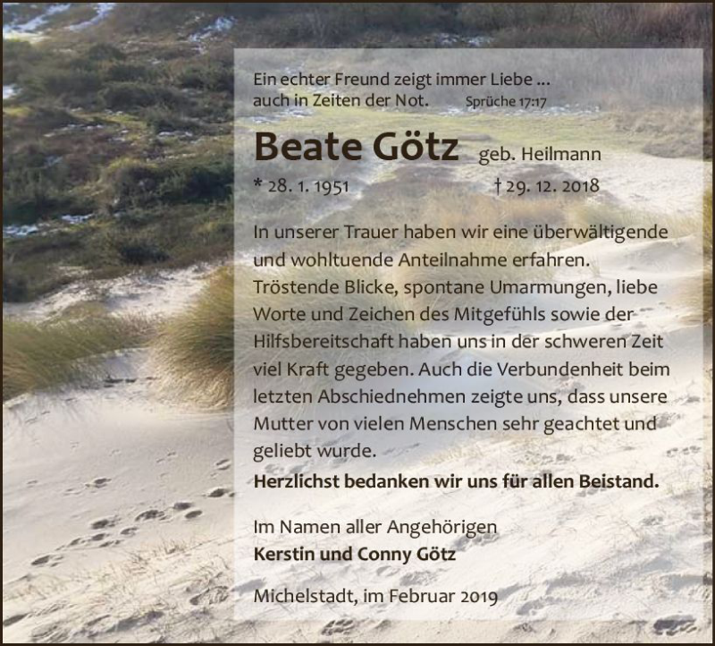  Traueranzeige für Beate Götz vom 09.02.2019 aus vrm-trauer