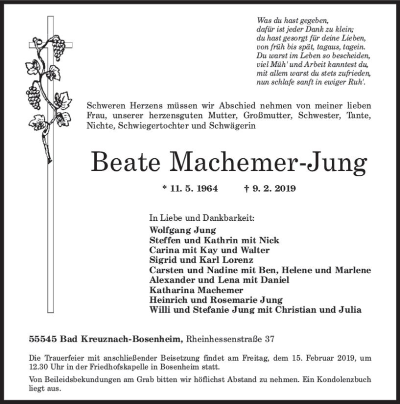  Traueranzeige für Beate Machemer-Jung vom 13.02.2019 aus vrm-trauer